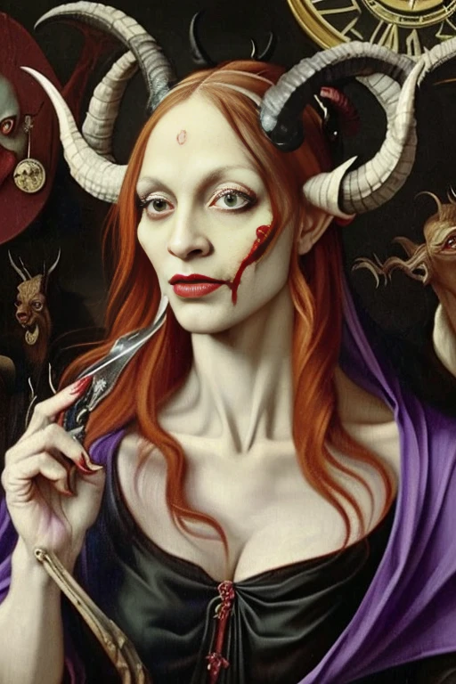 oil painting, beautiful red devil, evil female, (((wearing black and purple tunic, twisted goat horns, large dragon wings))), (((messy hair, small bust))), (((zombie eyes, evil guffaw))), (((holding a clock))), against large clock, highly detailed, realistic shaded perfect body, ultra realistic picture, (((renaissance art style, art by Hieronymus Bosch)))