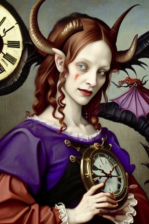 oil painting, beautiful red devil, evil female, (((wearing black and purple tunic, twisted goat horns, large dragon wings))), (((messy hair, small bust))), (((zombie eyes, evil guffaw))), (((holding a clock))), against large clock, highly detailed, realistic shaded perfect body, ultra realistic picture, (((renaissance art style, art by Hieronymus Bosch)))