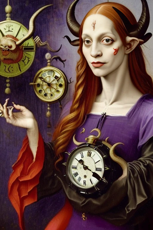 oil painting, beautiful red devil, evil female, (((wearing black and purple tunic, twisted goat horns, large dragon wings))), (((messy hair, small bust))), (((zombie eyes, evil guffaw))), (((holding a clock))), against large clock, highly detailed, realistic shaded perfect body, ultra realistic picture, (((renaissance art style, art by Hieronymus Bosch)))