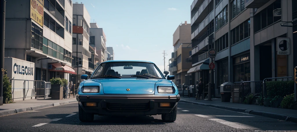 1990s style cavalry blue restomode car parked on the street with a man walking by, concept art inspired by Oskar Lüthy, trending on polycount, retrofuturism, unreal engine. retro film still, photorealistic cinematic render, cinematic front shot, 8k octane render photorealistic, cinema 4d cinematic render, cinematic render, cinematic 4k octane render
