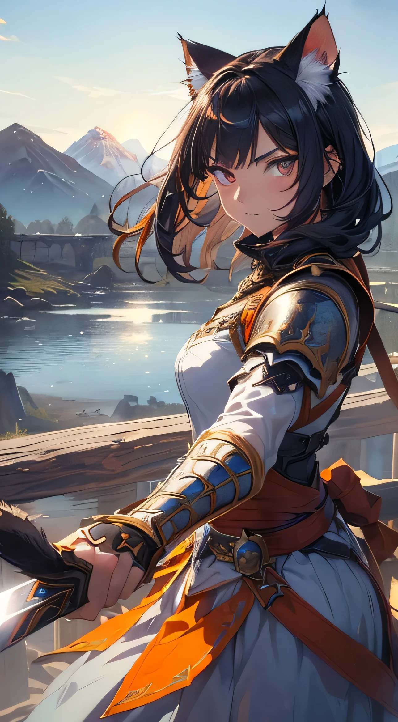 Beautiful detailed girl, Clear and beautiful, radiant skin, girls, femele, young, 20yo, bobbed hair, short-hair, beautiful detail glass hair, ((큰 Wielding the sword, Combat posture)) ((european armor , Clothing color combination of black and orange, beautiful-detailed eyes, medium 가슴, Full-fledged skin texture, Very good 8KCG wallpapers, very fine 8K CG wallpaper, watercolor (medium), female warrior, (((cat ear))), Wielding the sword, Attacking stance, (((Natural background, mountains, wood))), ((plein air)), upper body cut,