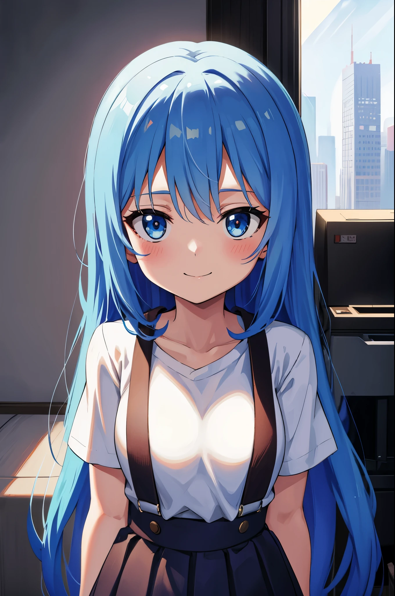 Winters.girl with.light Blue hair.long hair.a high school studen stature.a smile.Look at viewers.up chest.big breasts.suspender.White T-shirt.skirt