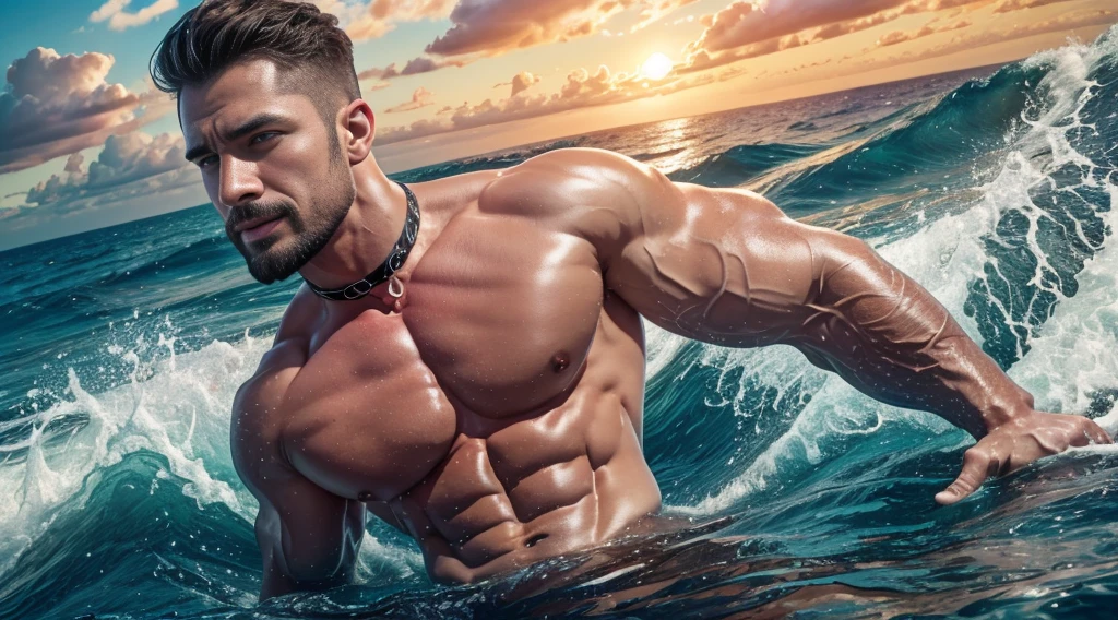 1European male starig handsome guy、hair detail、eBlue eyes、Eye clear details、Detailed portrayal of the face、Abs、sbeard、Bracers、​​clouds、多​​clouds的Skysky、facial hair、horizon、jewely、long whitr hair、watcher、malefocus、Masculinity、mont、musculature、musculature男、饱满的chest muscle、六块Abs、粗糙Realiy的皮肤、Realiy质感、choker necklace、the ocean、chest muscle、Realiy、Skysky、solo person、suns、the sunset、涉Eau、Eau、wave、8K、8K Ultra HD resolution、Ultra-clear details、Nikon camera texture、HD provocative portrayal、wide angles，Poster style、hight contrast、high saturated、High- sharpness