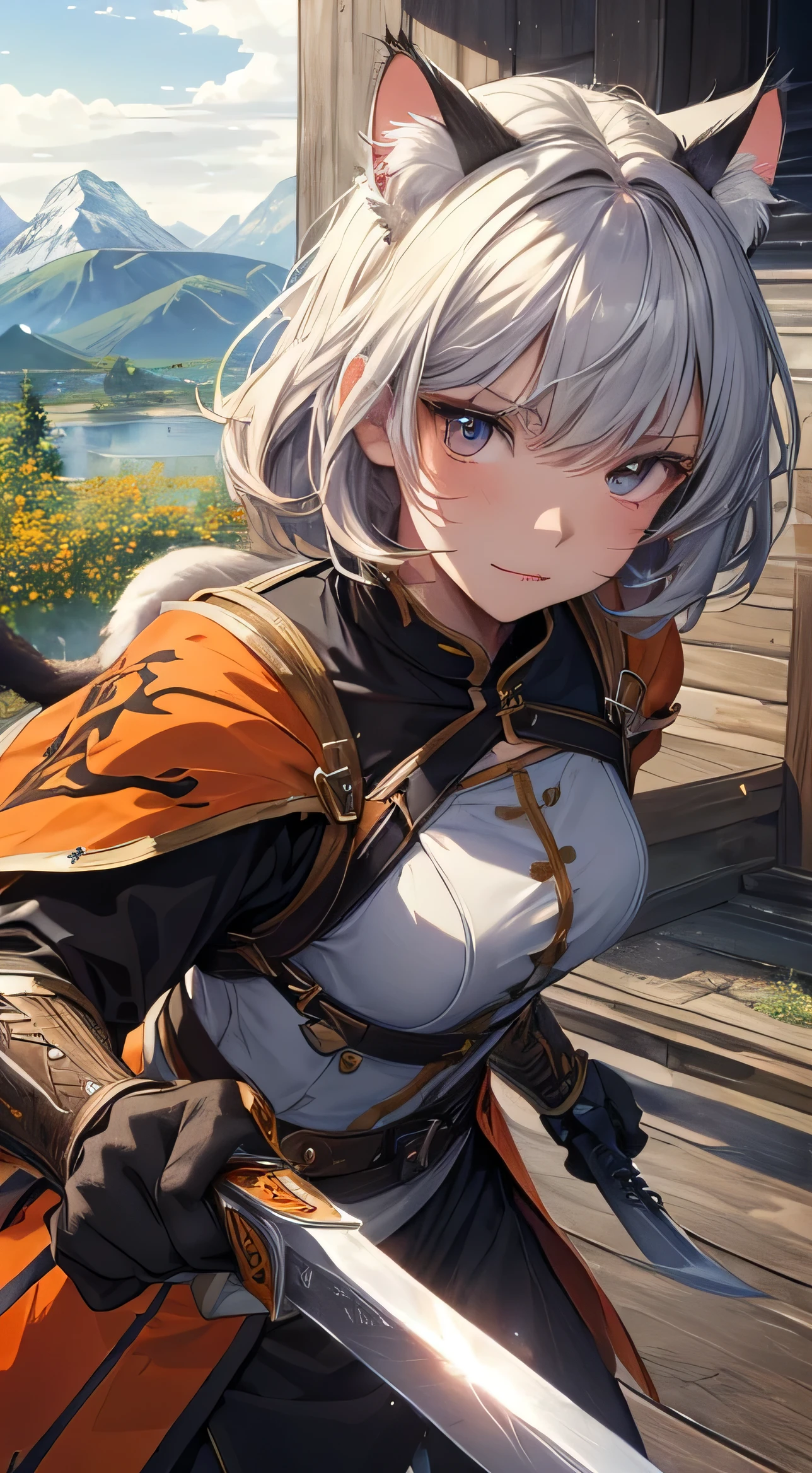 Beautiful detailed girl, Clear and beautiful, radiant skin, girls, femele, young, 20yo, bobbed hair, short-hair, beautiful detail glass hair, ((큰 Wielding the sword, Combat posture)) ((european armor , Clothing color combination of black and orange, beautiful-detailed eyes, medium 가슴, Full-fledged skin texture, Very good 8KCG wallpapers, very fine 8K CG wallpaper, watercolor (medium), female warrior, (((cat ear))), Wielding the sword, Attacking stance, (((Natural background, mountains, wood))), ((plein air)), upper body cut,