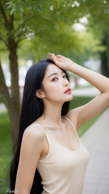 Image of one woman、Extraordinary Beauty、Transcendent beauty、Angle looking up from bottom、Supermodel body type、well-muscled、Height: 180cm、Perfect style、Noble lady、adult lady、Age is 24age、Slender Beauty、Elegant behavior、Beautiful face、Gentle eyes、dignified expression、long lashes、面長、The nasal muscles are passing through、Confident attitude、Long black hair、Beautiful black hair、stright long hair、Hair is straight、Smaller chest、Beautiful fingertips、slender、Beautiful abs、long supple legs、Open your crotch、Outstanding style、Crystal clear skin、underwear、fullbody image、Ultra high-definition images、The background is a sunny park、8k、goddes、Elegant appearance、Appearance that gives a good impression、most beautiful appearance、Gorgeous、person who seems to exist、no-makeup、T-shirt and short skirt、
