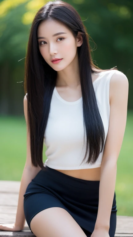 Image of one woman、Extraordinary Beauty、Transcendent beauty、Angle looking up from bottom、Supermodel body type、well-muscled、Height: 180cm、Perfect style、Noble lady、adult lady、Age is 24age、Slender Beauty、Elegant behavior、Beautiful face、Gentle eyes、dignified expression、long lashes、面長、The nasal muscles are passing through、Confident attitude、Long black hair、Beautiful black hair、stright long hair、Hair is straight、Smaller chest、Beautiful fingertips、slender、Beautiful abs、long supple legs、Open your crotch、Outstanding style、Crystal clear skin、underwear、fullbody image、Ultra high-definition images、The background is a sunny park、8k、goddes、Elegant appearance、Appearance that gives a good impression、most beautiful appearance、Gorgeous、person who seems to exist、no-makeup、T-shirt and short skirt、