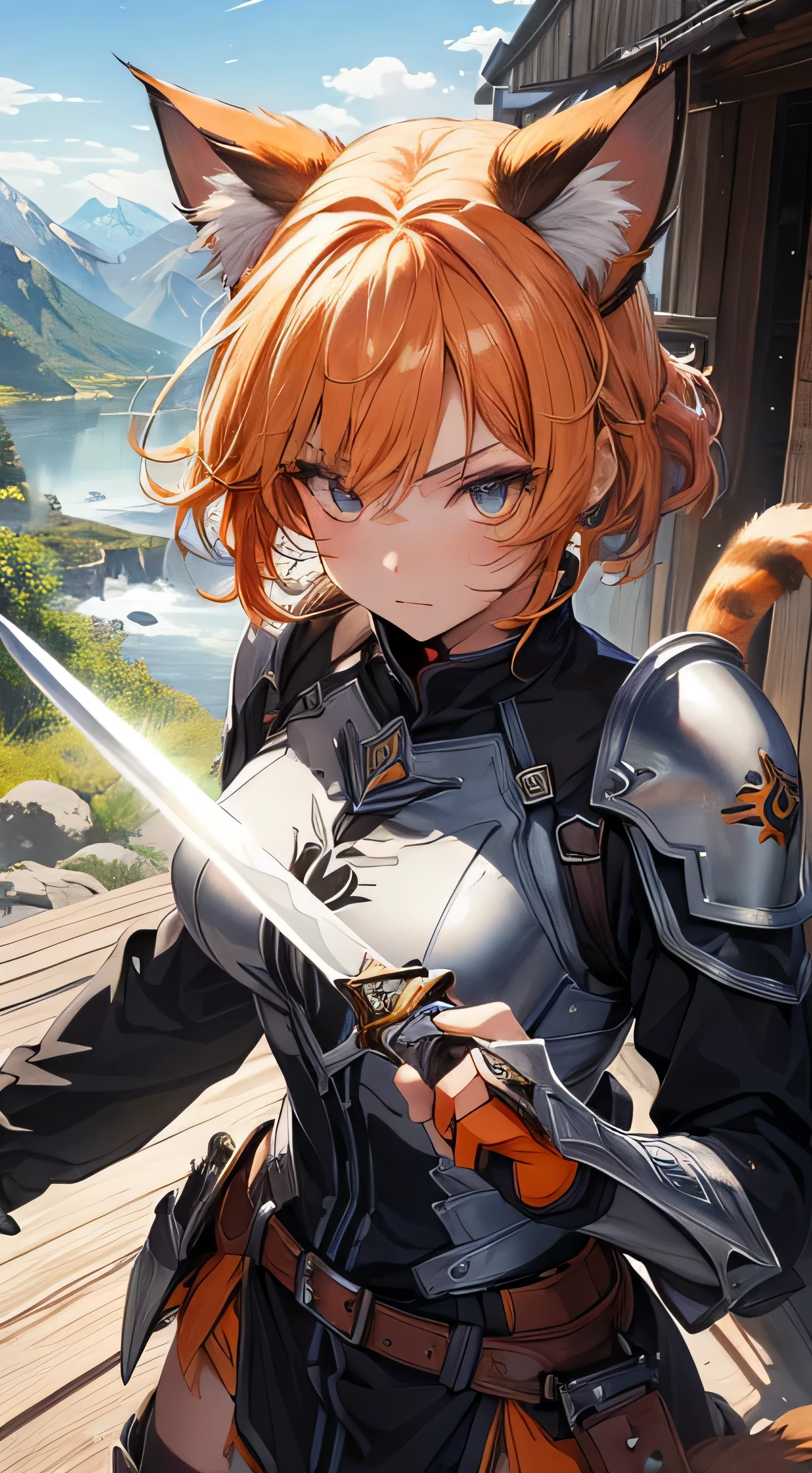 Beautiful detailed girl, Clear and beautiful, radiant skin, girls, femele, young, 20yo, bobbed hair, short-hair, beautiful detail glass hair, ((큰 Wielding the sword, Combat posture)) ((european armor , Clothing color combination of black and orange, beautiful-detailed eyes, medium 가슴, Full-fledged skin texture, Very good 8KCG wallpapers, very fine 8K CG wallpaper, watercolor (medium), female warrior, (((cat ear))), Wielding the sword, Attacking stance, (((Natural background, mountains, wood))), ((plein air)), upper body cut,