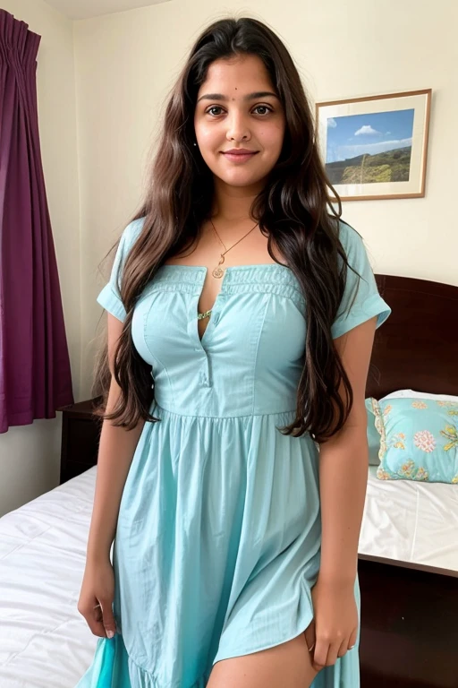 Indian schoolgirl, 18 yo, petite, busty ((features a mix of Drew Barrymore at 18 yo and Macarena Garcia at 18 yo)), passport size photo, symmetric face,long black wavy hair,bedroom, beautiful detailed eyes, uniform,standing,full length, sundress