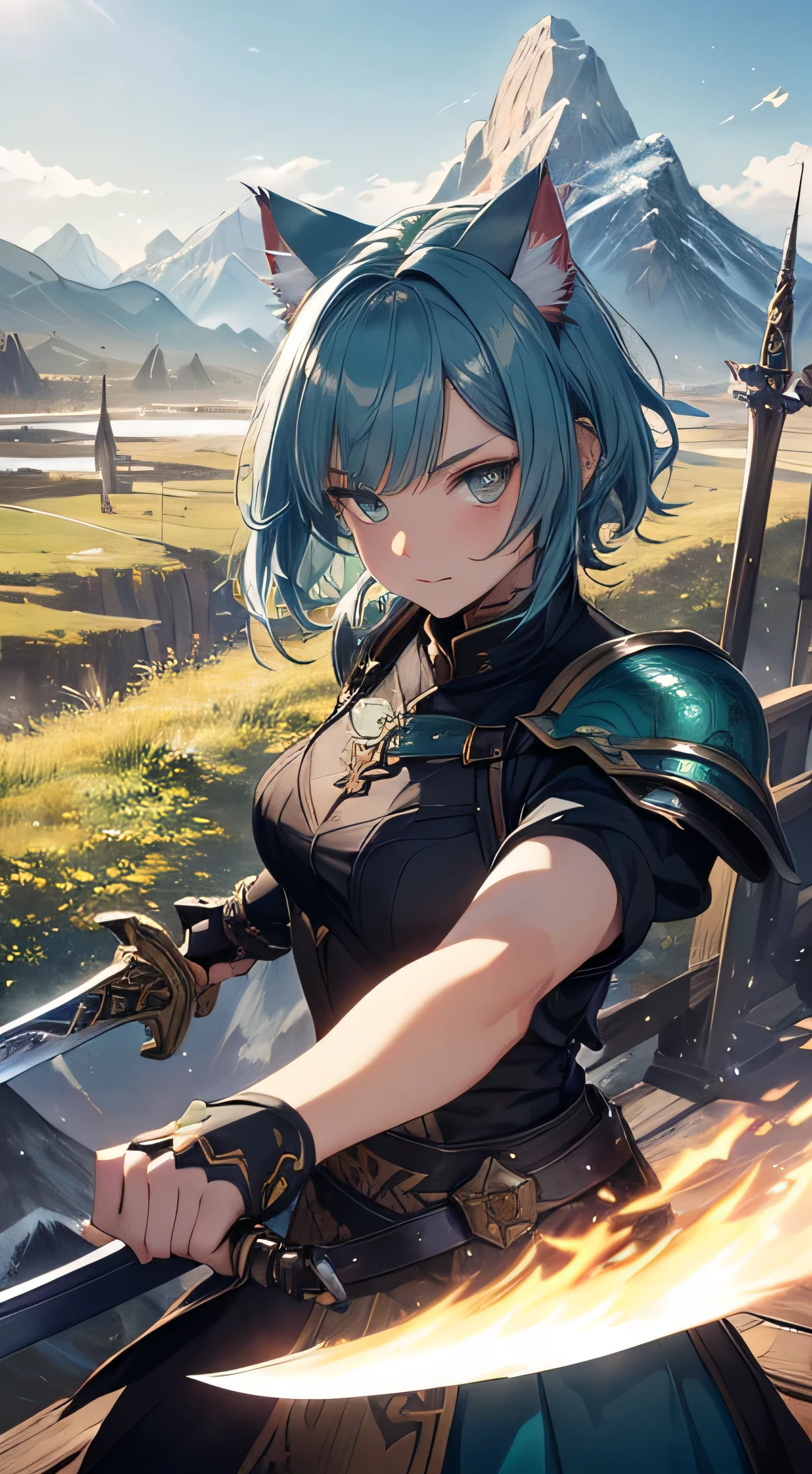 Beautiful detailed girl, Clear and beautiful, radiant skin, girls, femele, young, 20yo, bobbed hair, short-hair, beautiful detail glass hair, ((큰 Wielding the sword, Combat posture)) ((european armor , Black clothing color combination, Blue and green, beautiful-detailed eyes, medium 가슴, Full-fledged skin texture, Very good 8KCG wallpapers, very fine 8K CG wallpaper, watercolor (medium), female warrior, (((cat ear))), Wielding the sword, Attacking stance, (((Natural background, mountains, wood))), ((plein air)), upper body cut,
