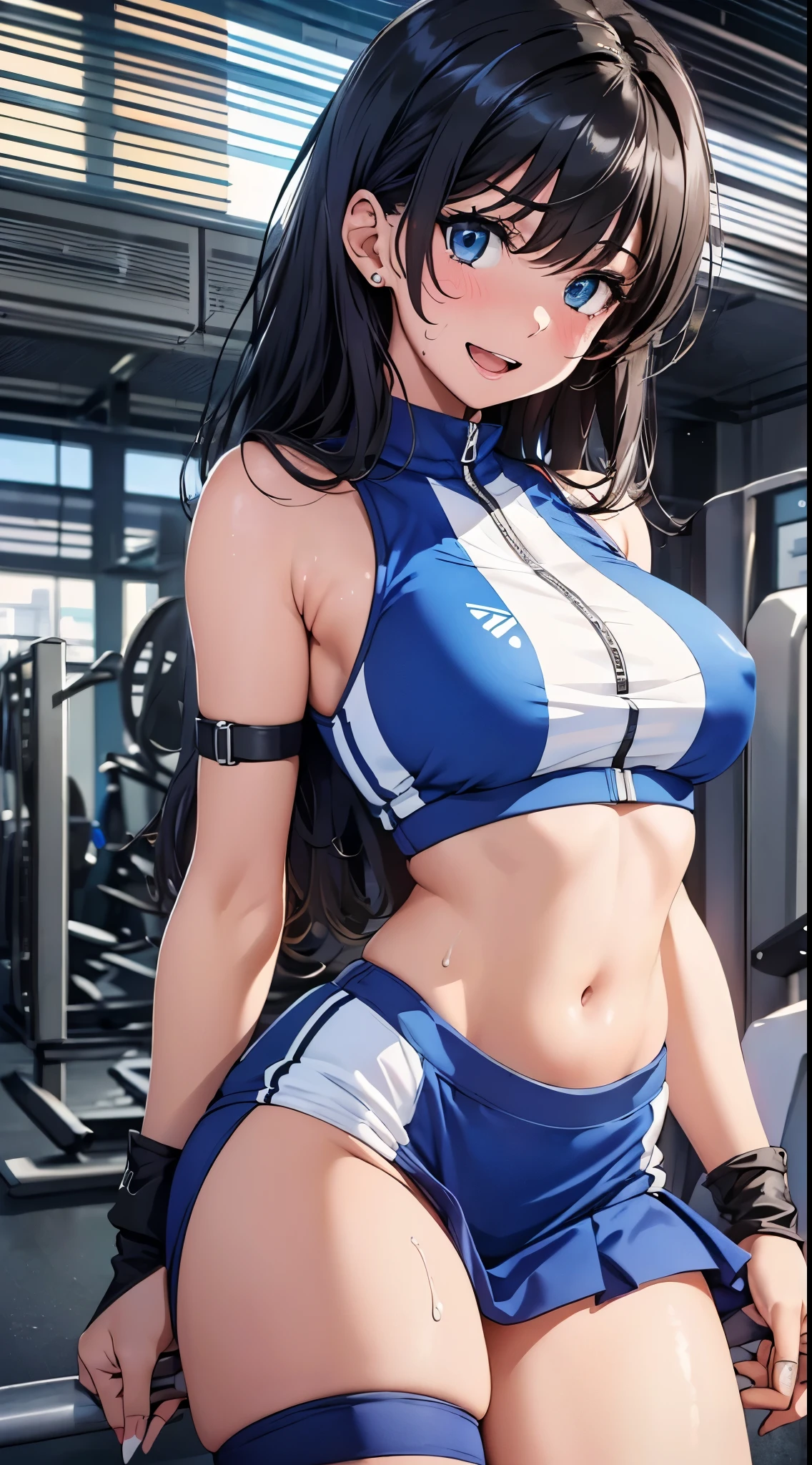1womanl,Black hair,14years ,(()),Beautiful breasts,(((Sexy white and blue shiny gym clothes and micro skirt)))(())(((Blushing cheeks、Smile with open mouth)),(((Satin Narico))),((( portlate))),Crowds,Shiny white and blue gym clothes and microskirt,((wet with sweat))