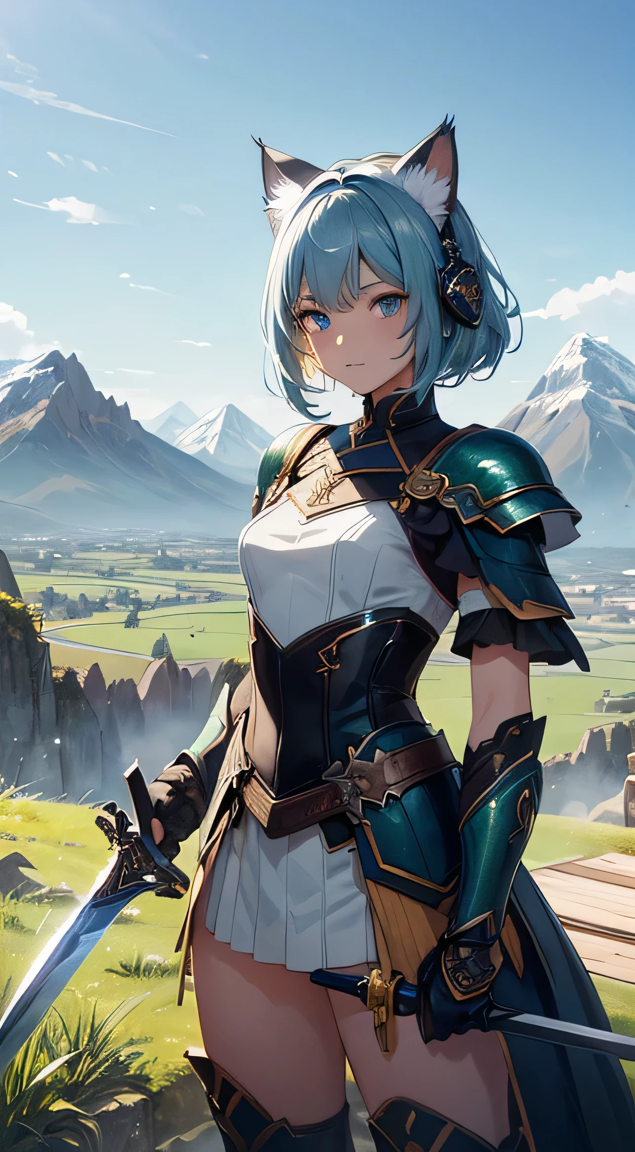 Beautiful detailed girl, Clear and beautiful, radiant skin, girls, femele, young, 20yo, bobbed hair, short-hair, beautiful detail glass hair, ((큰 Wielding the sword, Combat posture)) ((european armor , Black clothing color combination, Blue and green, beautiful-detailed eyes, medium 가슴, Full-fledged skin texture, Very good 8KCG wallpapers, very fine 8K CG wallpaper, watercolor (medium), female warrior, (((cat ear))), Wielding the sword, Attacking stance, (((Natural background, mountains, wood))), ((plein air)), upper body cut,