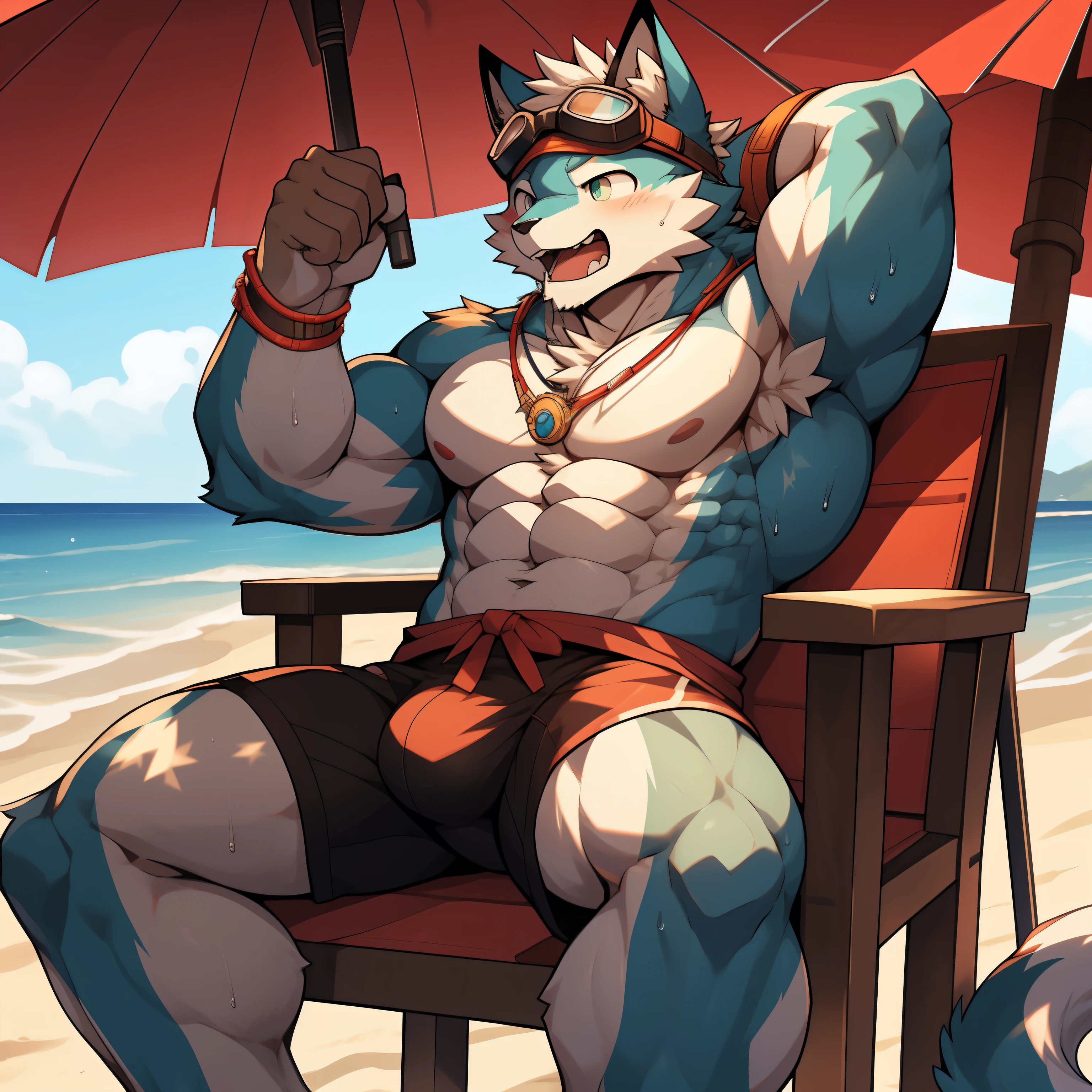 catss,male people,拟人化的catss,条纹catss,large pecs,musculous,There is a huge bulge in the crotch,Sit in a small chair,Coast Rescue Team,Tight swim torso,Thighs and feet,Sun hat,with her mouth open,indecent expression,Goggles are worn on the head,Wearing a necklace,Beach umbrellas,how bright,Long tail,high detal,High Picture Quality,High- sharpness,tmasterpiece,full body esbian photos, The corners of the mouth are raised, Underarms, Underarms有很多黑毛, The air is filled with the smell of men, 聞自己的Underarms, the shy, Showing a very unpleasant expression, Androgen odor, Underarms附近熱氣, Body sweating, Sweaty legs,