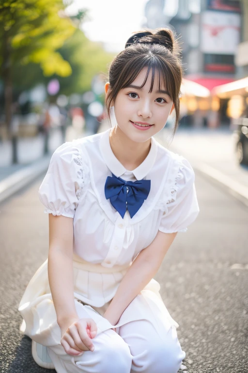 ((​masterpiece))), (((Full body photo)))， (One beautiful Japan girl, , landscape and innocence，kawaii) ，超A high resolution, Realistic, ultra-detailliert, 8K,top-quality, Extremely detailed, A slender,very beautiful japanese girl, Detailed face:1.3), (Bery short hair，I tied her hair in a bun.A dark-haired :1.4), (a ，kawaii系,adorable 18 year old beautiful girl), (Perfect body:1.1，Perfect and natural fingers，Perfect and comfortable feet)， (White blouse with short sleeves、purple bowtie、Dark blue pleated skirt), Cute and innocent look，Show your beautiful teeth,Wonderland, rosy cheeks, Sparkling eyes,in a street、Squatting、Looking at the front,(Open your crotch、Spread your legs from side to side)，Please show me a glimpse of your white panties，White socks、White athletic shoe rack backpack、 Pastel color palette, dreamy ambiance, Magical, Vivid colors, Bokeh，