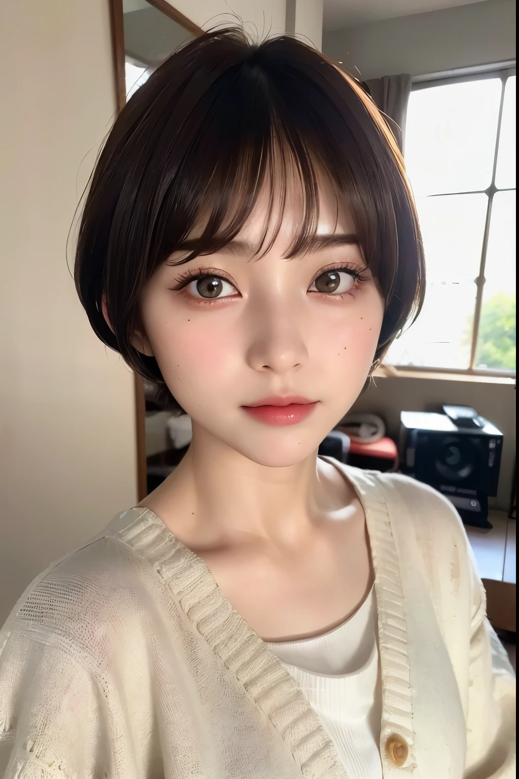 ((top-quality))、(masterpiece:1.4)、Raw photography、8K、((Top image quality))、 ((Top resolution))、Beautiful face in every detail、Very detailed、Gentle expression、(One lady:1.3 )、realisitic、フォトrealisitic、(Bery short hair:1.4)、(Beautuful Women)、(cute Japanese girls:1.3)、(boyish:1.3)、(mannish)、((Pretty Woman))、(Beautiful hair)、((dark brown hair))、(((Red cheeks)))、((Her eyes are big))、20-year-old beauty、(her face is small:1.7)、small head、((long neck))、pale skin、Spot-free skin、With bangs、Everyone longs for、日本のBeautuful Women、(eight heads tall)、(oversized clothes)、Looks cold、waking up、((looks sleepy))、cardigan、living room、((No makeup))、
