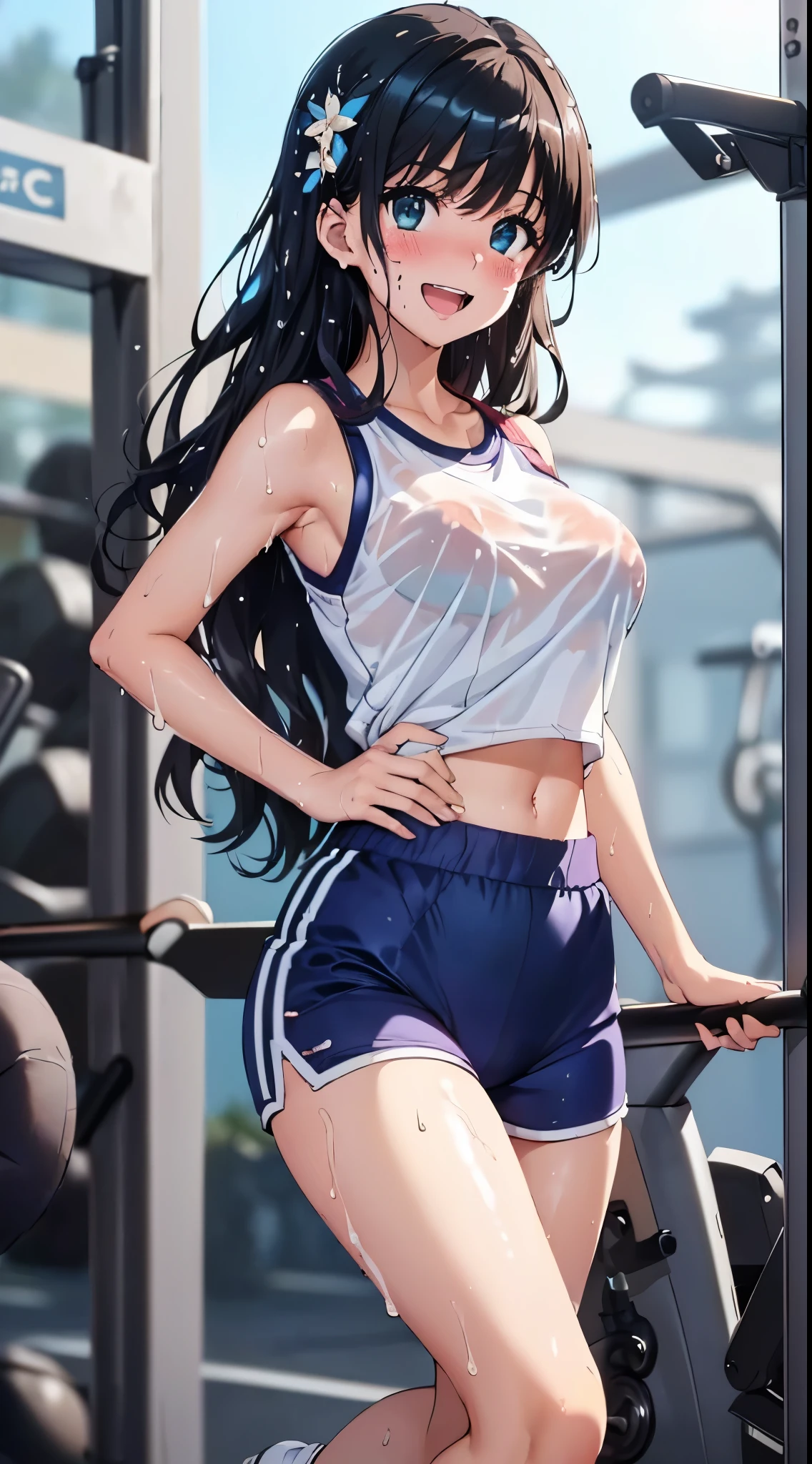 1womanl,Black hair,14years ,(()),Beautiful breasts,(((Sexy white and blue shiny gym clothes and shorts)))(())(((Blushing cheeks、Smile with open mouth)),(((Satin Narico))),((( portlate))),Crowds,Shiny white and blue gym clothes and shorts,((wet with sweat))