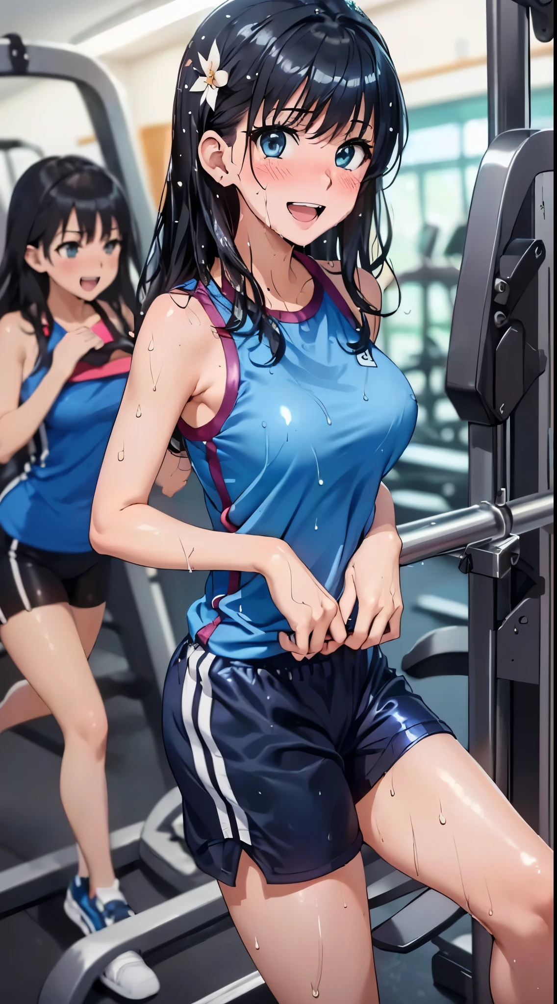 1womanl,Black hair,14years ,(()),Beautiful breasts,(((Sexy white and blue shiny gym clothes and shorts)))(())(((Blushing cheeks、Smile with open mouth)),(((Satin Narico))),((( portlate))),Crowds,Shiny white and blue gym clothes and shorts,((wet with sweat))