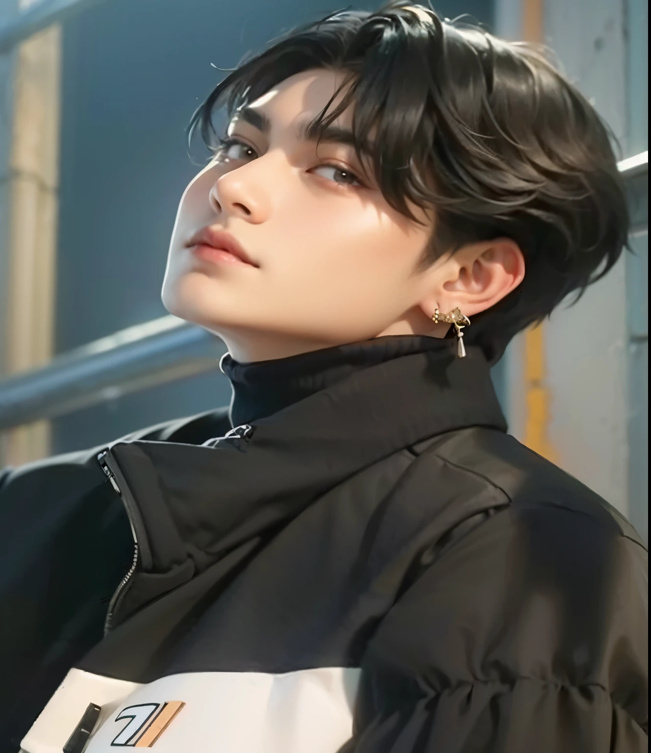 um close up de uma pessoa usando jaqueta e brinco, Jungkook, Cai Xukun, Yoongi de cabelos pretos, inspirado em Kun Can, Hyung Tae, taken in the early 2020s, Bts, delicate androgynous prince, foto de perfil headshot, Photo Session, suave em _ O pano de fundo, Beautiful androgynous prince, inspirado em Bian Shoumin