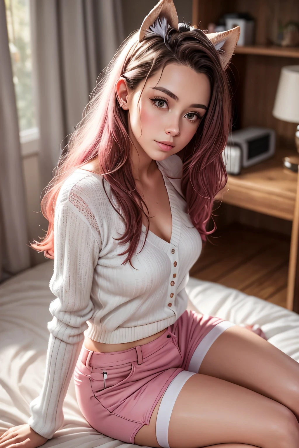 araffe girl in pink shorts and white shirt laying on bed with stuffed animals, sitting on her bed, in her room, sitting in her room, posing in bed, sitting on the bed, angelawhite, webcam footage, sitting on a bed, full length and white stockings, posing in a bedroom, pretty face with arms and legs, hot petite girl, pink and white, pink, white