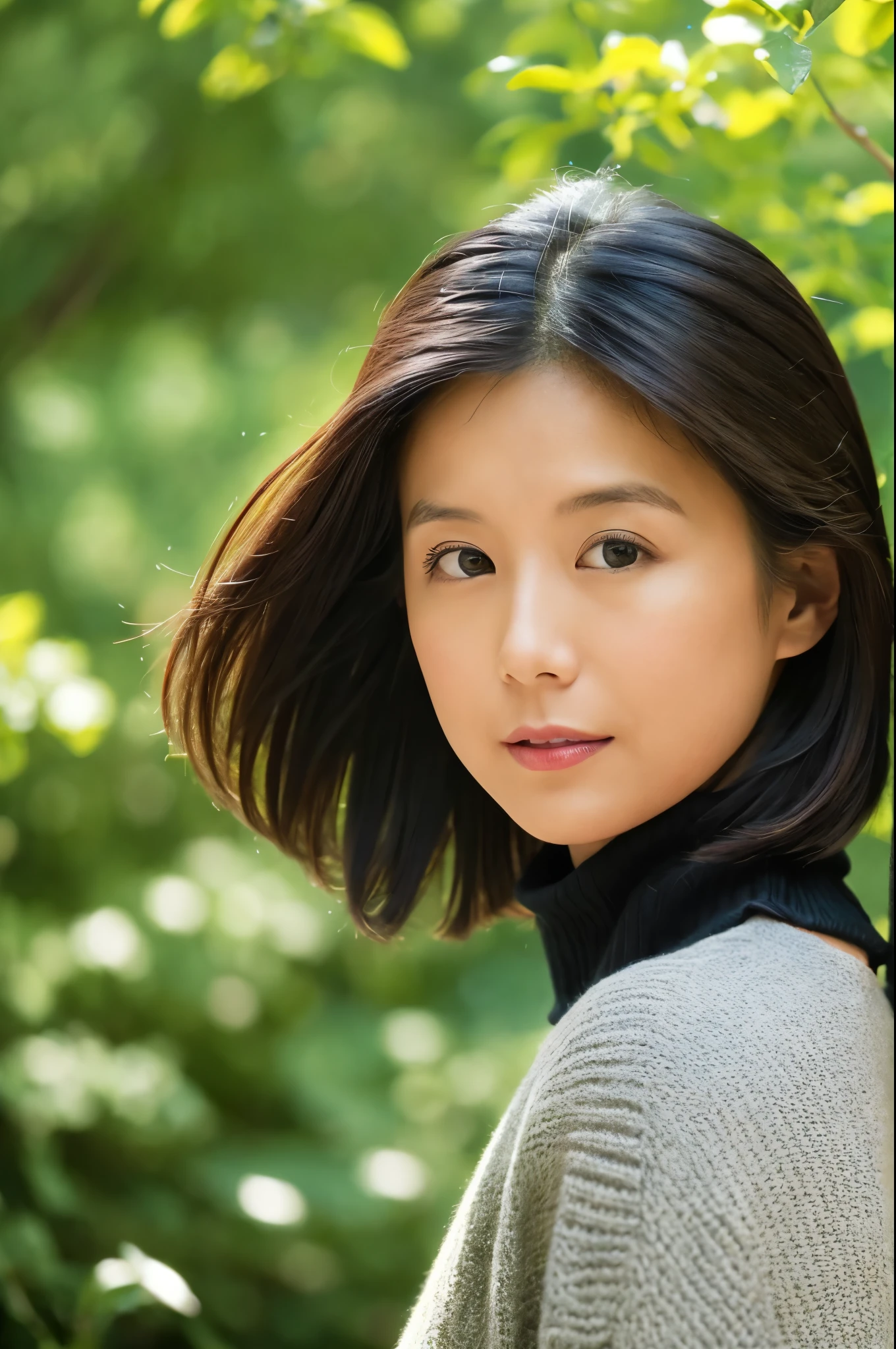 Slender Japanese woman looking at the camera、Black turtleneck sweater、Green tree on background々or bushes、hight resolution、high-definition picture