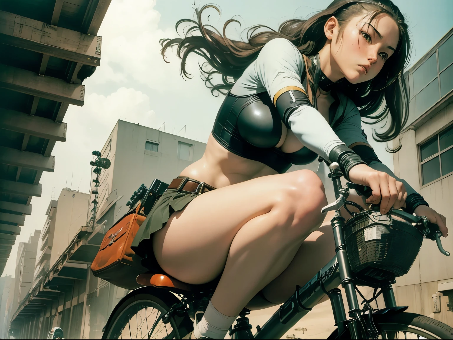 Hans Bellmer, Hiromu Arakawa, Frank Frazetta, Surreal, mysterious, strange, fantastic, fantasy, Sci-fi, Japanese anime, asteroid belt, miniskirt beautiful high school girl's bicycle trip, perfect voluminous body, chasing the comet, detailed Masterpiece dynamic action poses