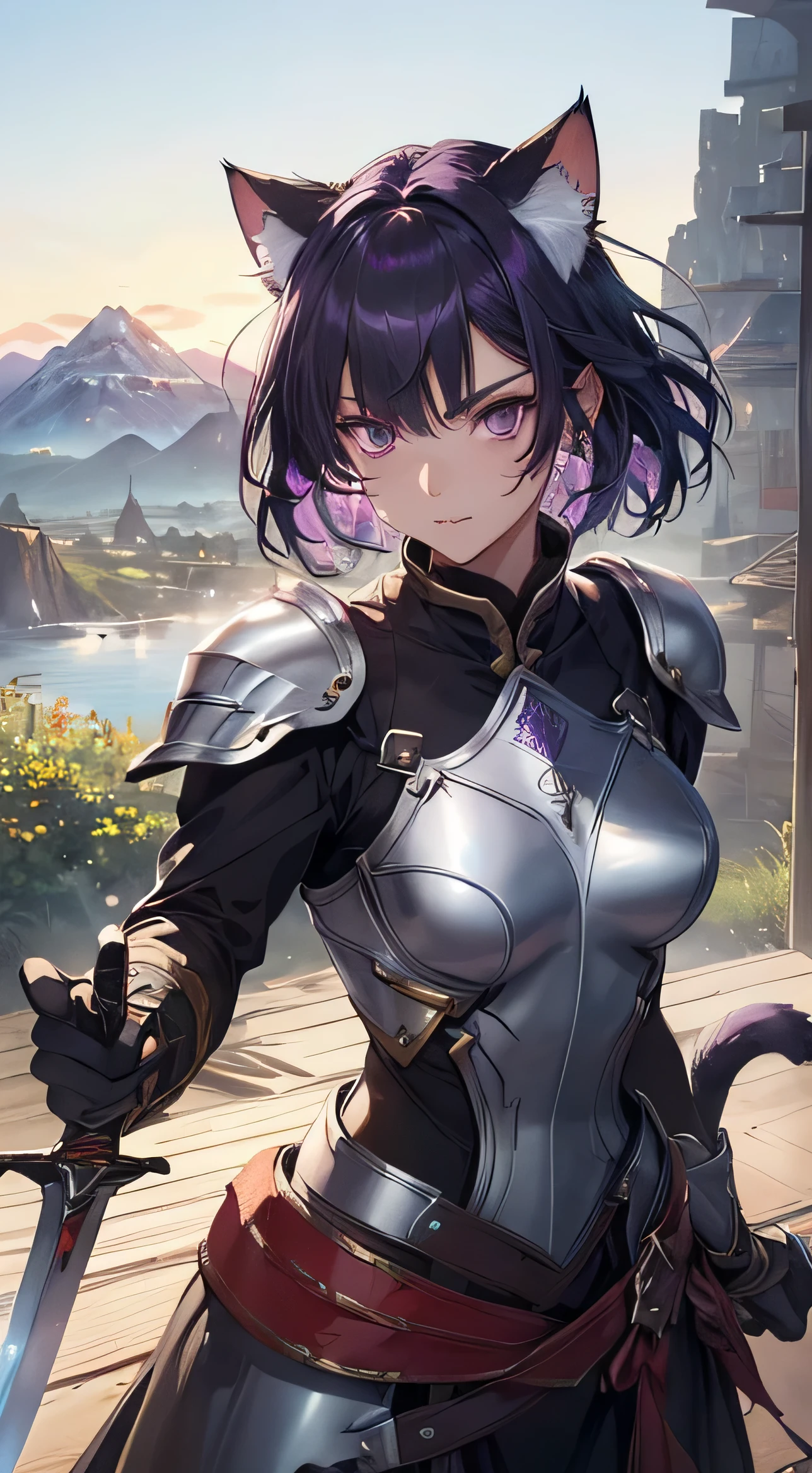 Beautiful detailed girl, Clear and beautiful, radiant skin, girls, femele, young, 20yo, bobbed hair, short-hair, beautiful detail glass hair, ((큰 Wielding the sword, Combat posture)) ((european armor , Black clothing color combination, red and purple, beautiful-detailed eyes, black  eyes, medium 가슴, Full-fledged skin texture, Very good 8KCG wallpapers, very fine 8K CG wallpaper, watercolor (medium), female warrior, (((cat ear))), Wielding the sword, Attacking stance, (((Natural background, mountains, wood))), ((plein air)), upper body cut, Lights on the face,
