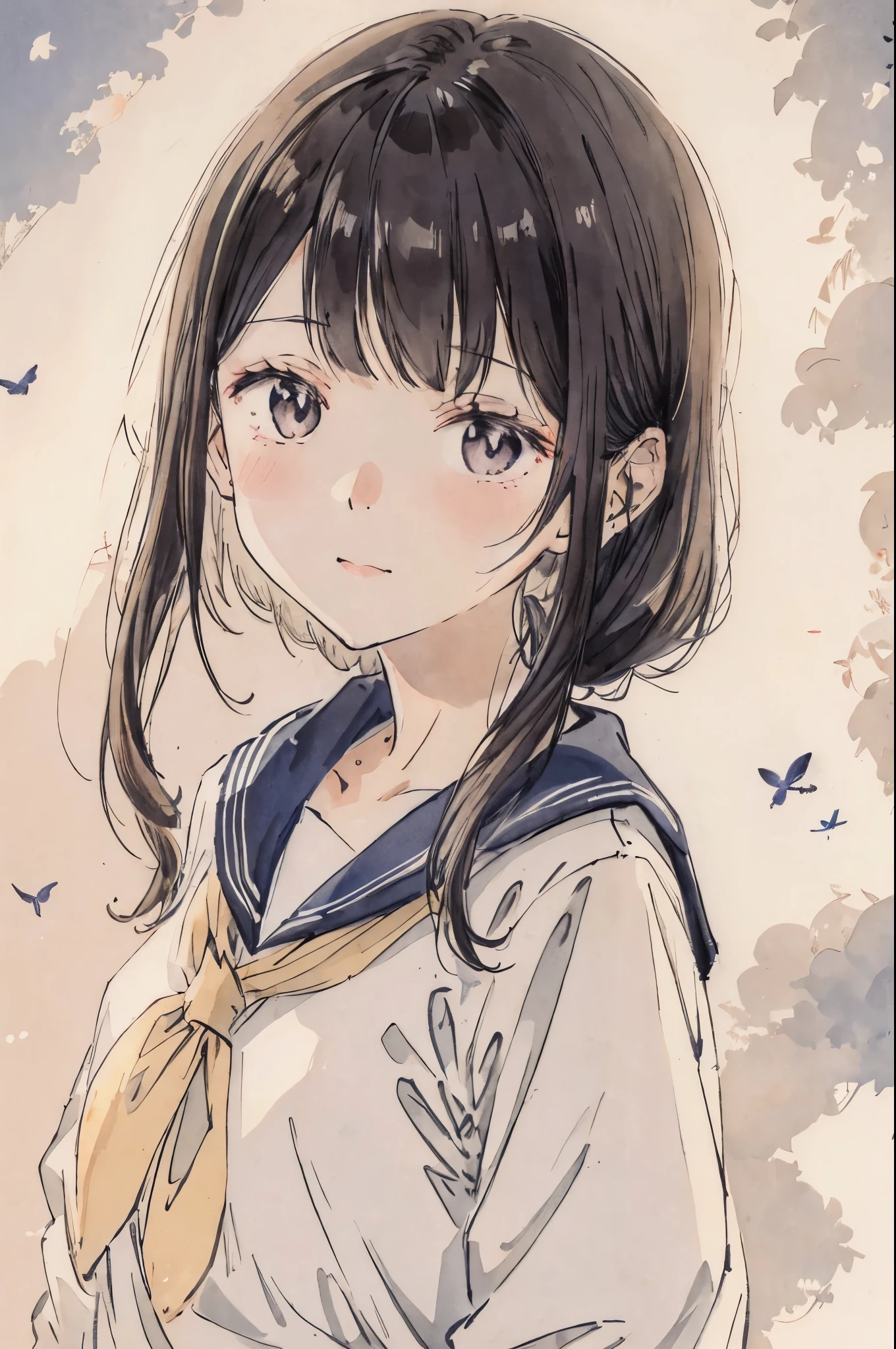 a sailor suit、up of face、Soft lighting、pale light、Light color、Fluttering hair、A dark-haired