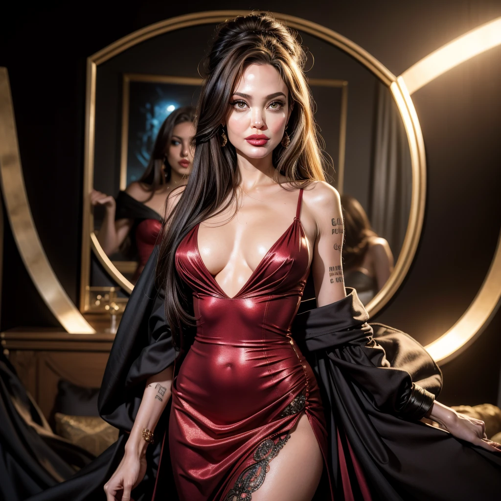 eva green (8k, 4k, best quality, highres, ultra high res:1.1), (masterpiece, realistic, photo-realistic:1.1), 1 girl, face, full body shot, red lips, (looking at viewer:2), absurdly long hair, long eyelashes, eyeshadow, small face, big eyes, fair skin, bare shoulders, high contrast, elaborate sexy dress, elaborate jewelry, sensual vampire