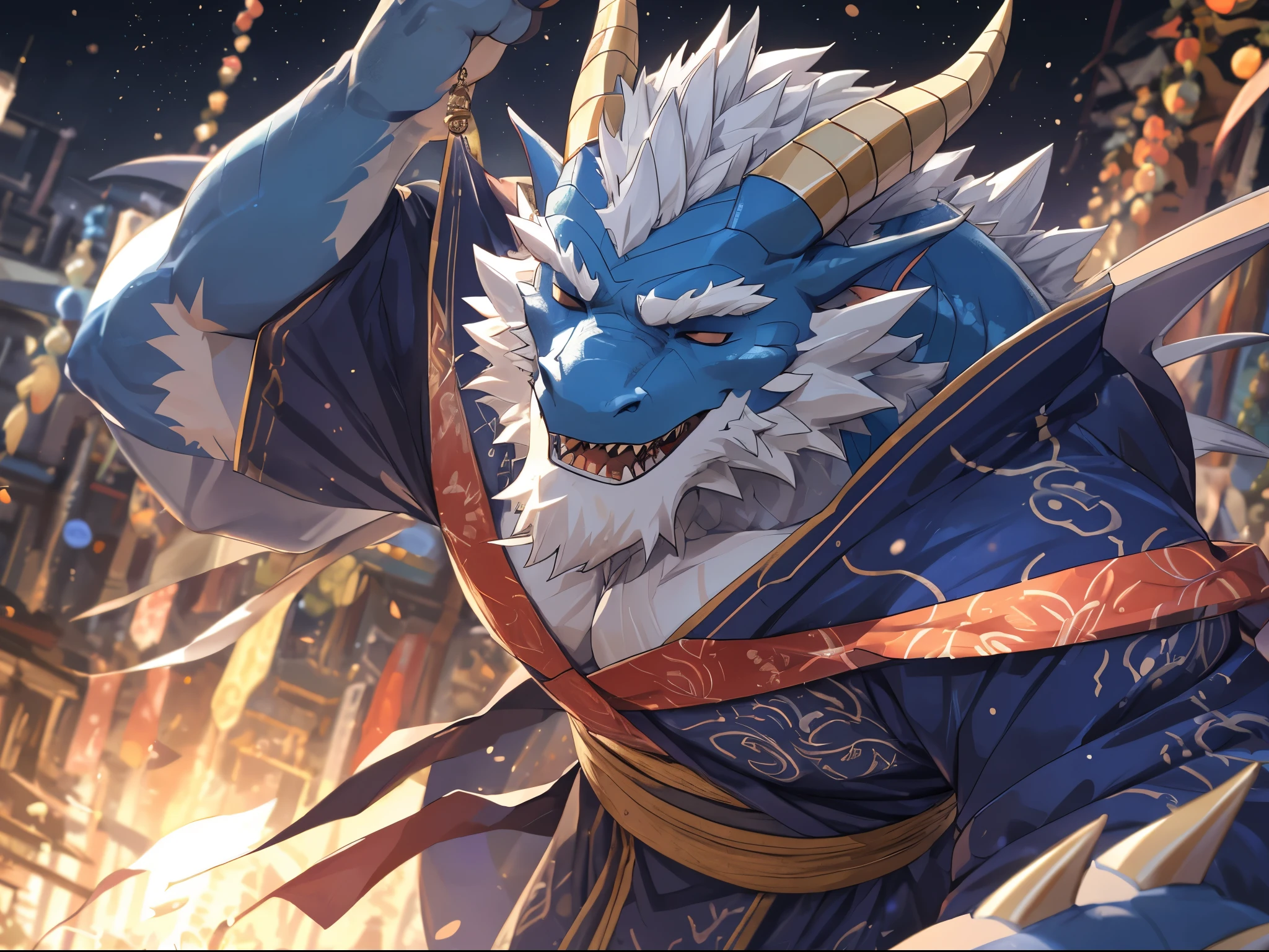 Anthro((dramatic))epic, dynamic pose, One scene of movie, An extreme perspective with a powerful composition, absurdres, Perfect Anatomy, magnificent picture of kemono fighting fierce battles, (ultra detailed), sharp focus, niji, eyesgod, (male people anthro dragon:1.3), (Blue body:1.1), White belly, (laughingly:1.3), With his eyes closed, with mouth open, Dragon tail, middle-aged, dragon scale skin, yukata costume, white beard, (((old man))), muscular, white mustache, dragon with short neck, yukata costume, ultra detailed face, depth of field, motion blur, high details, high quality, award winning, HD, 16k, (best quality,4k,8k,highres,masterpiece:1.2),ultra-detailed,realistic:1.37,HDR,UHD,studio lighting,extreme detail description,professional,vivid colors,bokeh,lively atmosphere, natural lighting, (close up:1.5)