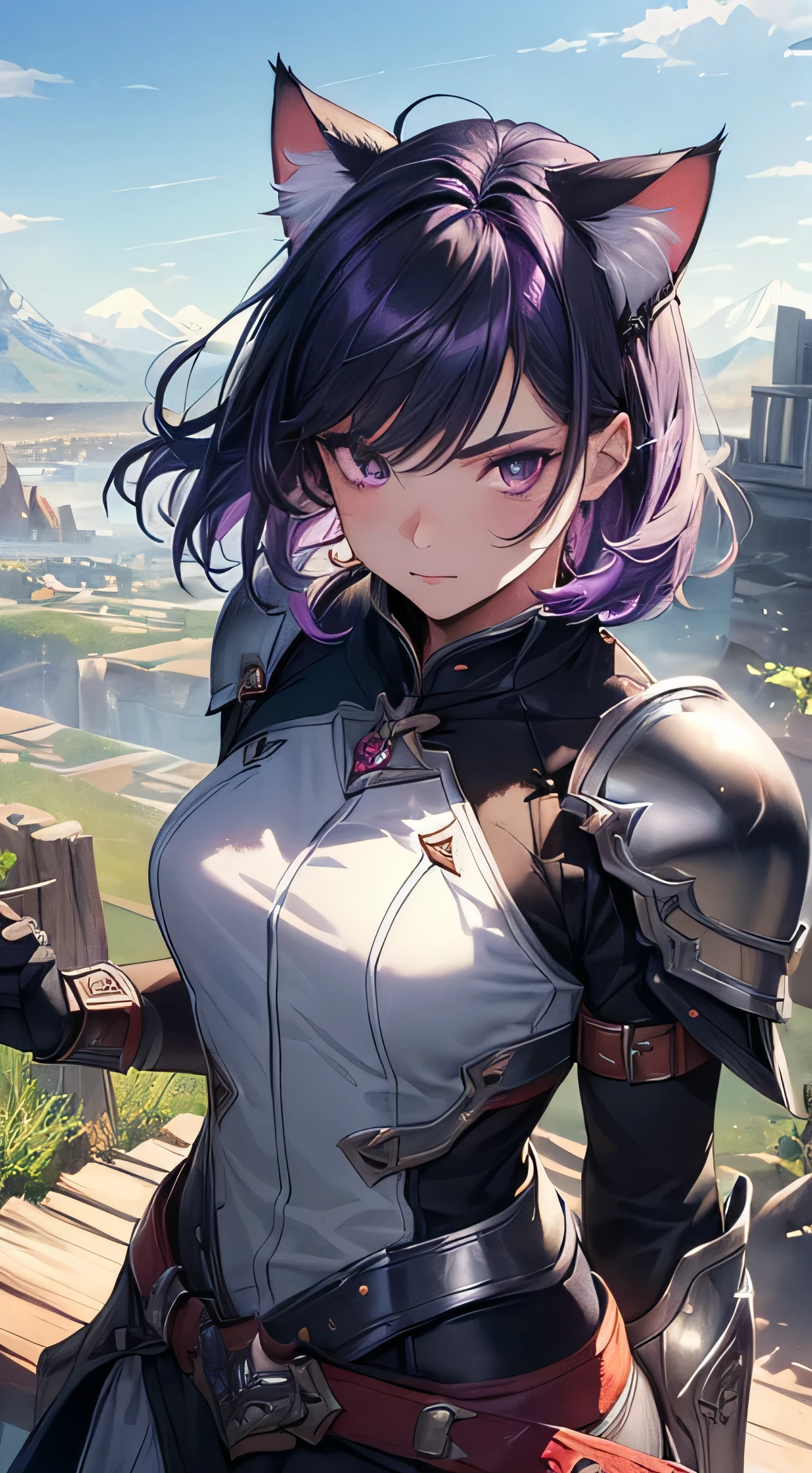 Beautiful detailed girl, Clear and beautiful, radiant skin, girls, femele, young, 20yo, bobbed hair, short-hair, beautiful detail glass hair, ((큰 Wielding the sword, Combat posture)) ((european armor , Black clothing color combination, red and purple, beautiful-detailed eyes, black  eyes, medium 가슴, Full-fledged skin texture, Very good 8KCG wallpapers, very fine 8K CG wallpaper, watercolor (medium), female warrior, (((cat ear))), Wielding the sword, Attacking stance, (((Natural background, mountains, wood))), ((plein air)), upper body cut, Lights on the face,