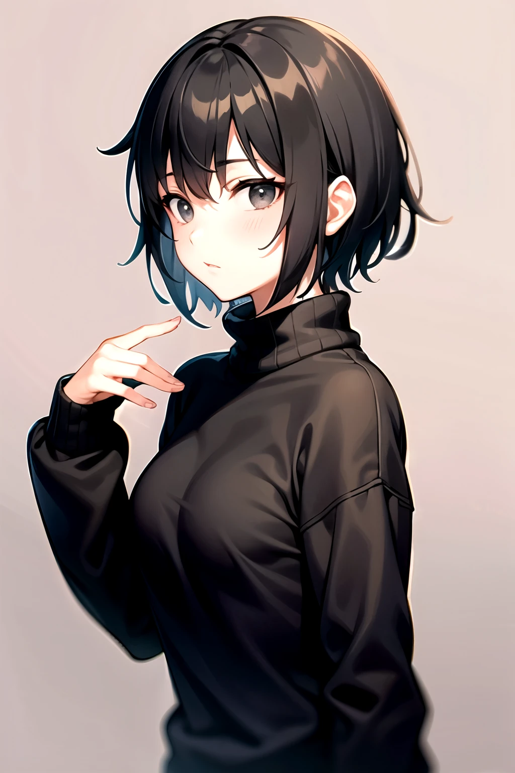 tomboyish girl, short hair, black hair, black eyes, wearing a sweater