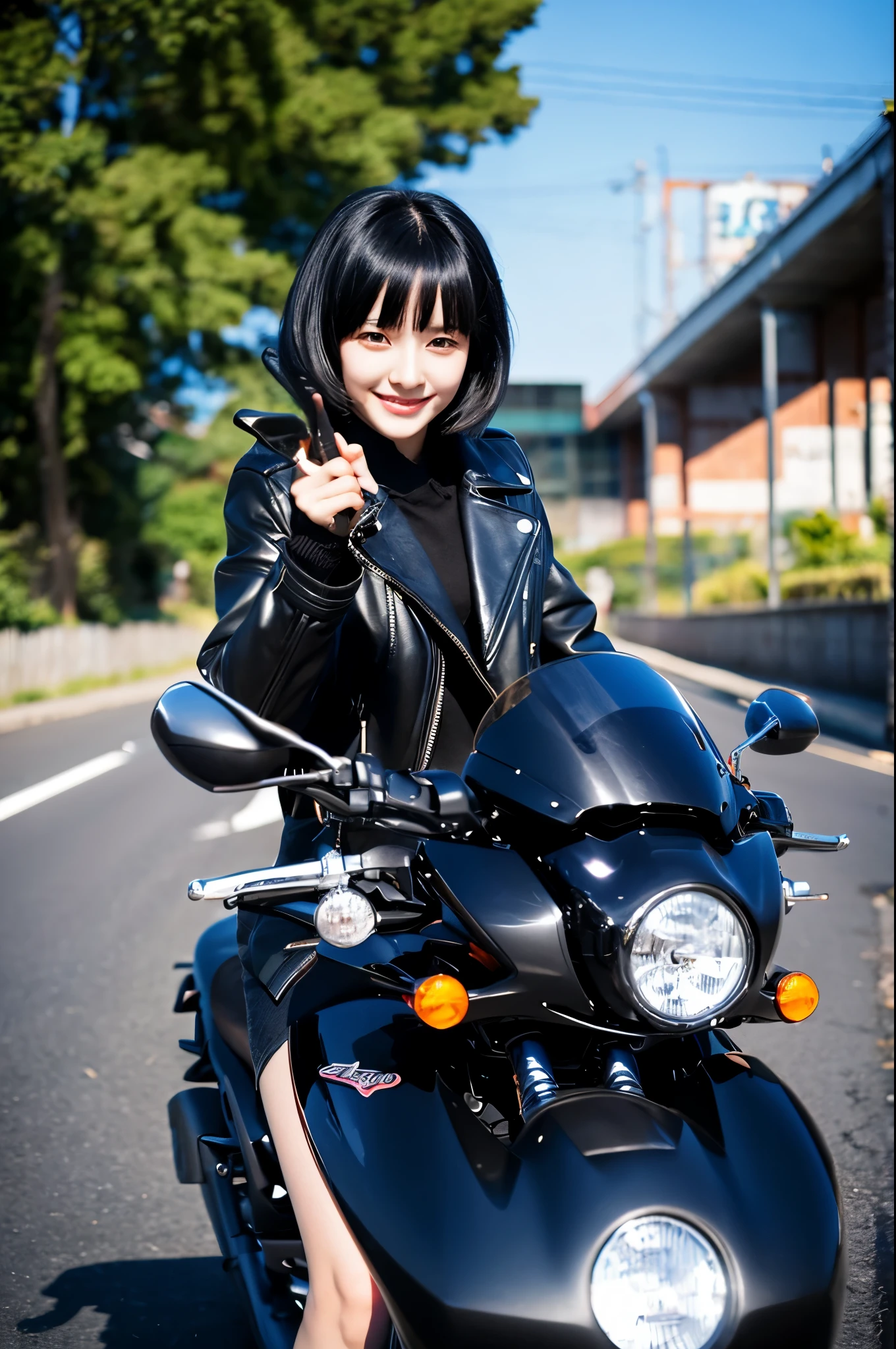 a black-haired, fair-skinned girl wearing a black coat riding a motorcycle on the road, anime style, bright colors, dynamic pose