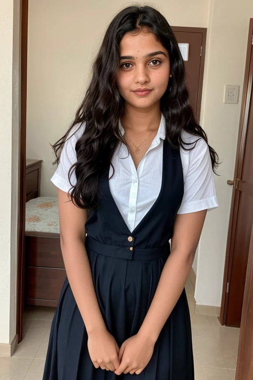 Indian schoolgirl, 18 yo, petite, busty ((features a mix of Drew Barrymore at 18 yo and Macarena Garcia at 18 yo)), passport size photo, symmetric  face,long black wavy hair,bedroom, beautiful detailed eyes, uniform,standing,full length, sundress