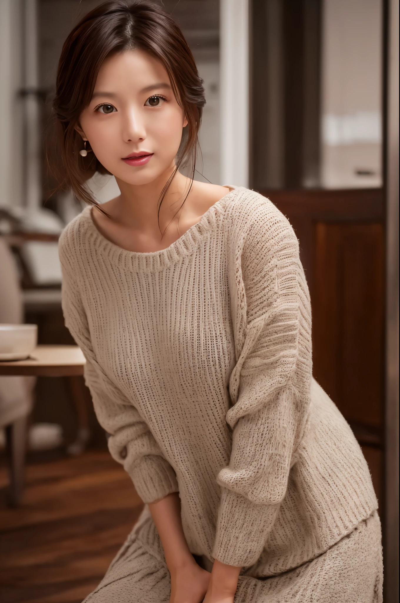 a skinny Japanese lady, 30 years old, (realistic), (hyperrealism), (photorealistic), (8K resolusion), depth of field, (full body:1.2), super detailed face, detailed eyes, cute face, various face expression, various hair style, (small breasts:0.6), (very thin waist:0.7), casual outfit