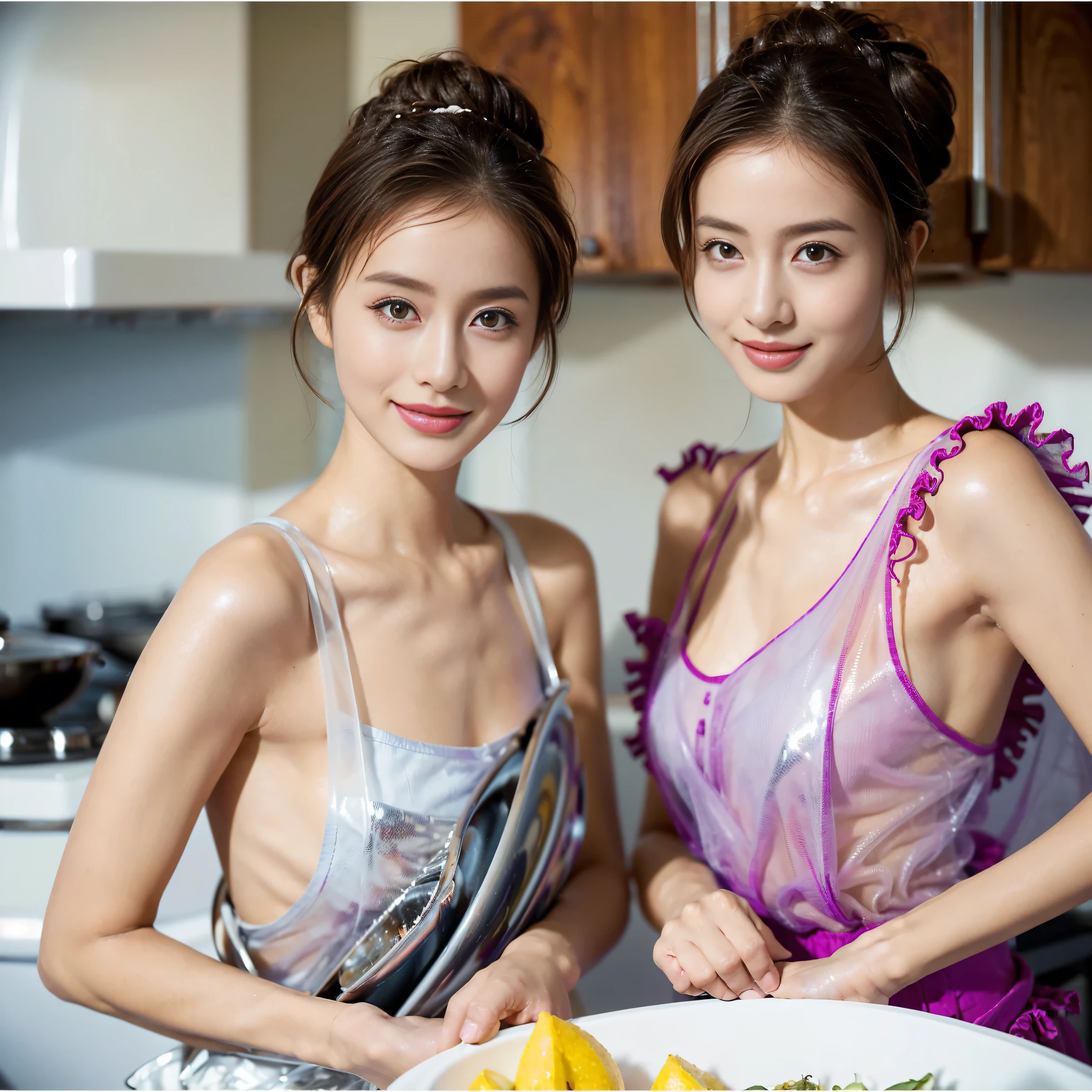 (2 beautiful young girls), Super beautiful detailed face, (Slightly open mouth, sexy look:1.1), (Beautiful big breasts:1.3), (Slender body:1.2), ((naked and wearing a small lacy apron:1.5), (bare breasts:1.1), side breasts, pubick hair, cameltoe details, (Fine face:1.2), accessories, earrings, conceptual art, High quality, Realistic, extremely detailed CG unified 8k wallpaper, ighly detailed, High-definition raw color photos, professional photograpy, Realistic portrait, Cinematic Light, Beautiful detailed, high details, (((Bokeh))), depth of fields, illumination, Super stylish lighting, face lighting, luxury kitchen,