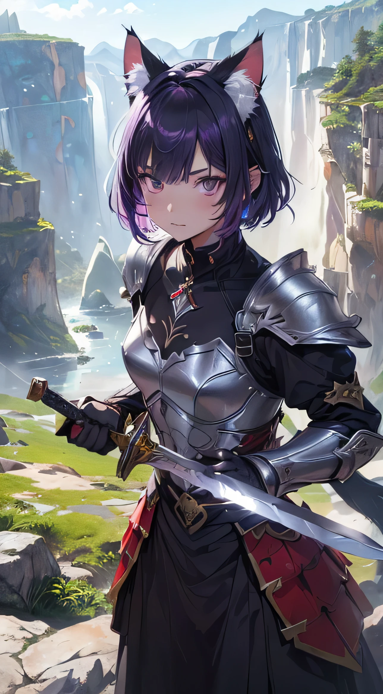 Beautiful detailed girl, Clear and beautiful, radiant skin, girls, femele, young, 20yo, bobbed hair, short-hair, beautiful detail glass hair, ((큰 Wielding the sword, Combat posture)) ((european armor , Black clothing color combination, red and purple, beautiful-detailed eyes, black  eyes, medium 가슴, Full-fledged skin texture, Very good 8KCG wallpapers, very fine 8K CG wallpaper, watercolor (medium), female warrior, (((cat ear))), Wielding the sword, Attacking stance, (((Natural background, cliff, rock formations, mountains))), ((plein air)), upper body cut, Lights on the face,