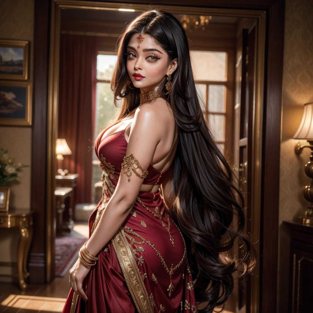 Aishwarya Rai, (8k, 4k, best quality, highres, ultra high res:1.1), (masterpiece, realistic, photo-realistic:1.1), one girl, face, full body shot, red lips, (looking at viewer:2), absurdly long hair, long eyelashes, eyeshadow, small face, big light eyes, fair skin, bare shoulders, high contrast, elaborate sexy dress, elaborate jewelry, sensual