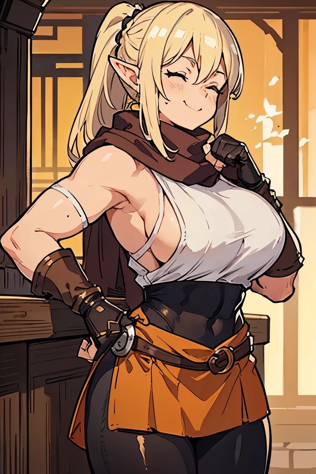 elf,ponytail,blonde hair,monk,leggings,white short sweater,fantasy,medieval,brown gloves,punch,1girl,solo,scarf,big breast,lady,close eyes,muscular,ladyboy,bar,smile,kind,sexy,muscle,knuckle,older sister,punch,sfw