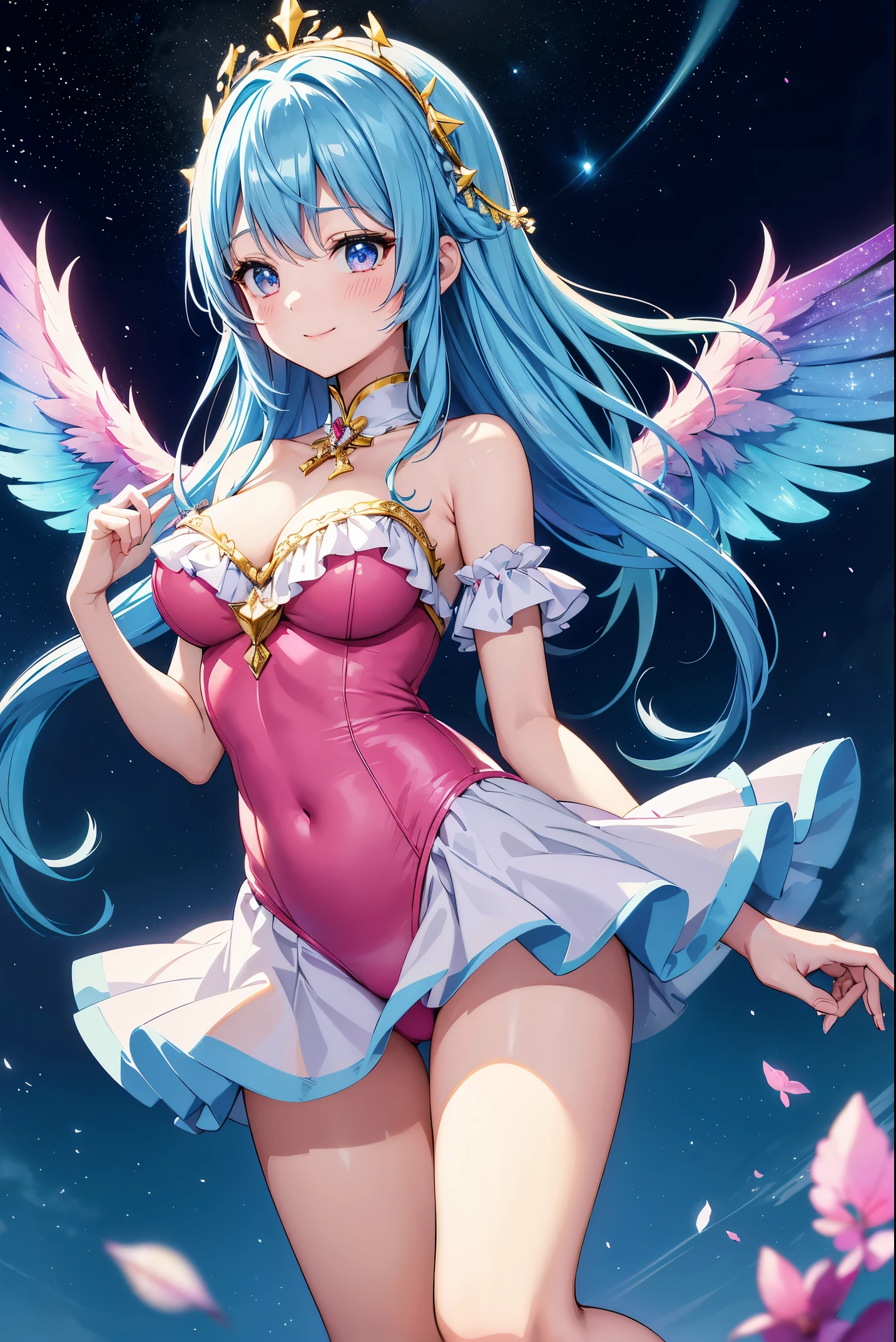 Super Idol　Beautiful girl with big iridescent wings on her back　A charming smile　sky blue hair　length hair　Twin-tailed　White and red、blue and yellow、verdant、pink there、A frilly leotard costume you've never seen before　Looking at the camera、Fantasia　constellation　a moon　Crystal Brilliance　Aurora Borealis in the Night Sky