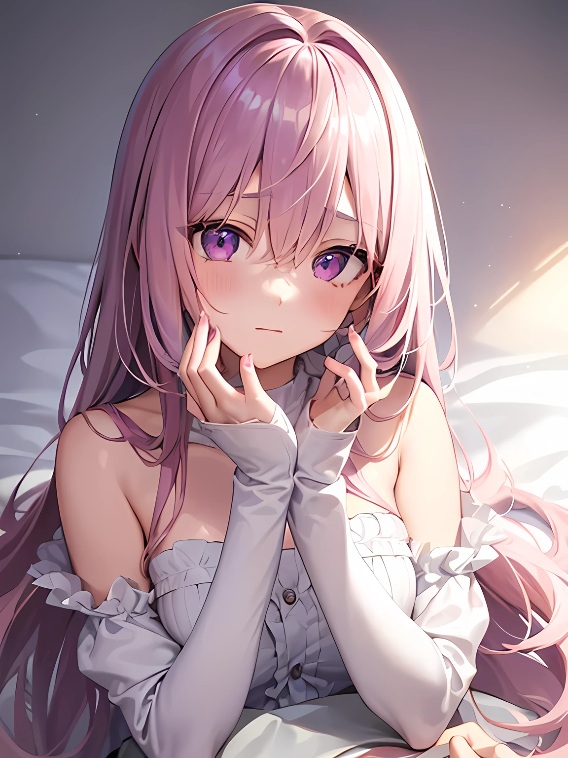 1girl, human, pale pink hair, long hair, violet eyes, XL bust, shy face, lying on a white mattress, Masterpiece, Well drawn eyes, well drawn face, well drawn hands, well drawn fingers, well detailed face
