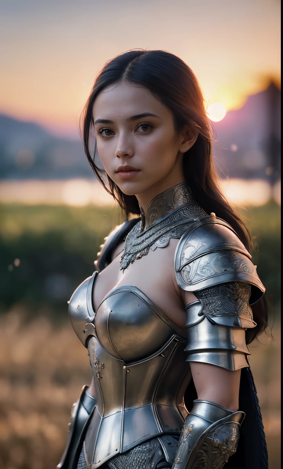 (masterpiece), (extremely intricate:1.3), (realistic), portrait of a girl, the most beautiful in the world, (medieval armor), metal reflections, upper body, outdoors, intense sunlight, far away castle, professional photograph of a stunning woman detailed, sharp focus, dramatic, award winning, cinematic lighting, octane render  unreal engine,  volumetrics dtx, (film grain, blurry background, blurry foreground, bokeh, depth of field, sunset, motion blur:1.3), chainmail