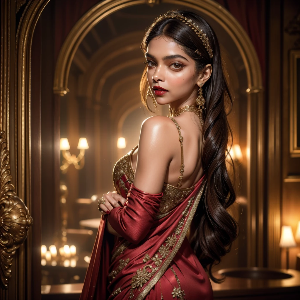 Deepika Padukone, (8k, 4k, best quality, highres, ultra high res:1.1), (masterpiece, realistic, photo-realistic:1.1), one girl, face, full body shot, red lips, (looking at viewer:2), absurdly long hair, long eyelashes, eyeshadow, small face, big light eyes, fair skin, bare shoulders, high contrast, elaborate sexy dress, elaborate jewelry, sensual