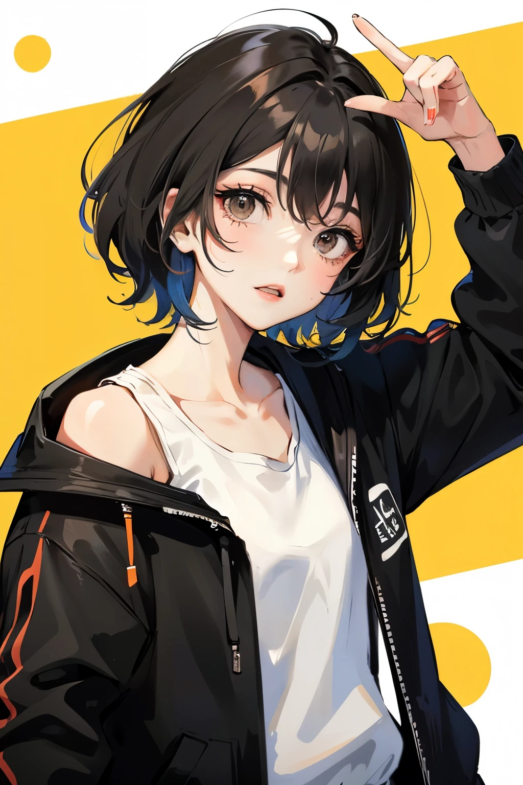 tomboyish girl, short hair, black hair, black eyes, wearing a sweater
