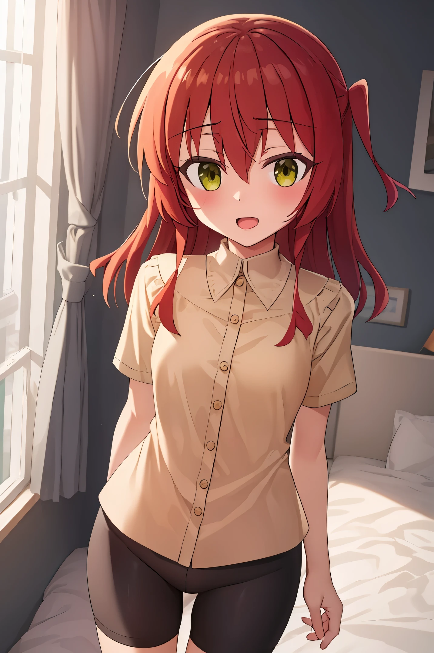 1 girl, best quality, ultra high res, long hair, red hair, green eyes, looking at viewers, small breast, standing, pov, slim body, body, small body, smile, open mouth, yellow shirt, short sleeves, bike shorts, bedroom, white bed sheets,