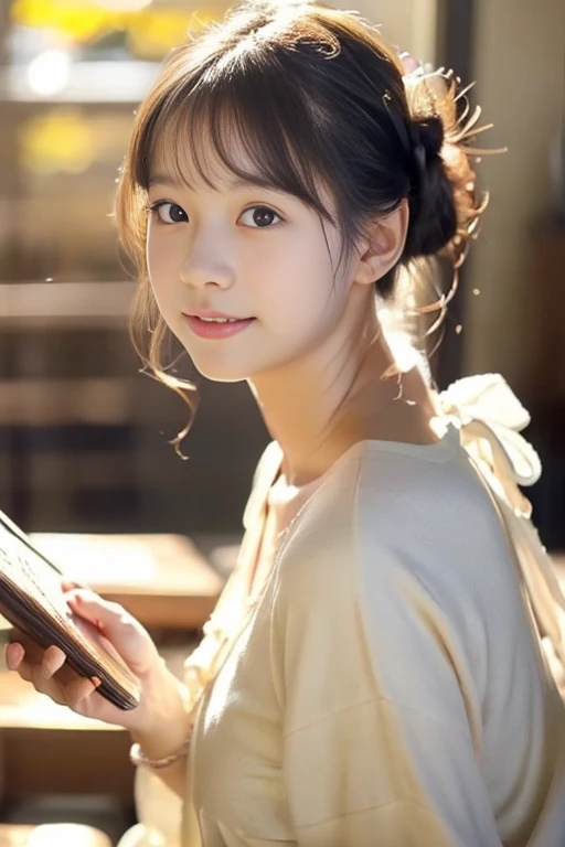 ((masterpiece))), (((Full body photo))), (One beautiful Japan girl, , landscape and innocence,kawaii) ,超A high resolution, Realistic, ultra-detailliert, 8K,top-quality, Extremely detailed, A slender,very beautiful japanese girl, Detailed face:1.3), (Bery short hair,I tied her hair in a bun.A dark-haired :1.4), (a ,kawaii系,Adorable 10 year ol girl), (Perfect body:1.1),(Perfect fingers), (autumn fashionista), Cute and innocent look,Please show me your beautiful teeth,Wonderland, rosy cheeks, Sparkling eyes, kawaiiポーズ, ((Inside the coffee shop))、cute cake on the table、slow steamed coffee、soft afternoon light、Wrapped in the soft light shining through the window、Reading a book,gentle and delicate lighting, Pastel color palette, dreamy ambiance, Magical, Vivid colors, Bokeh,