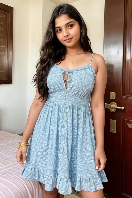 Indian girl, 18 yo, petite, busty ((features a mix of Drew Barrymore at 18 yo and Macarena Garcia at 18 yo)), passport size photo, symmetric  face,long black wavy hair,bedroom, beautiful detailed eyes, uniform,standing,full length, sundress