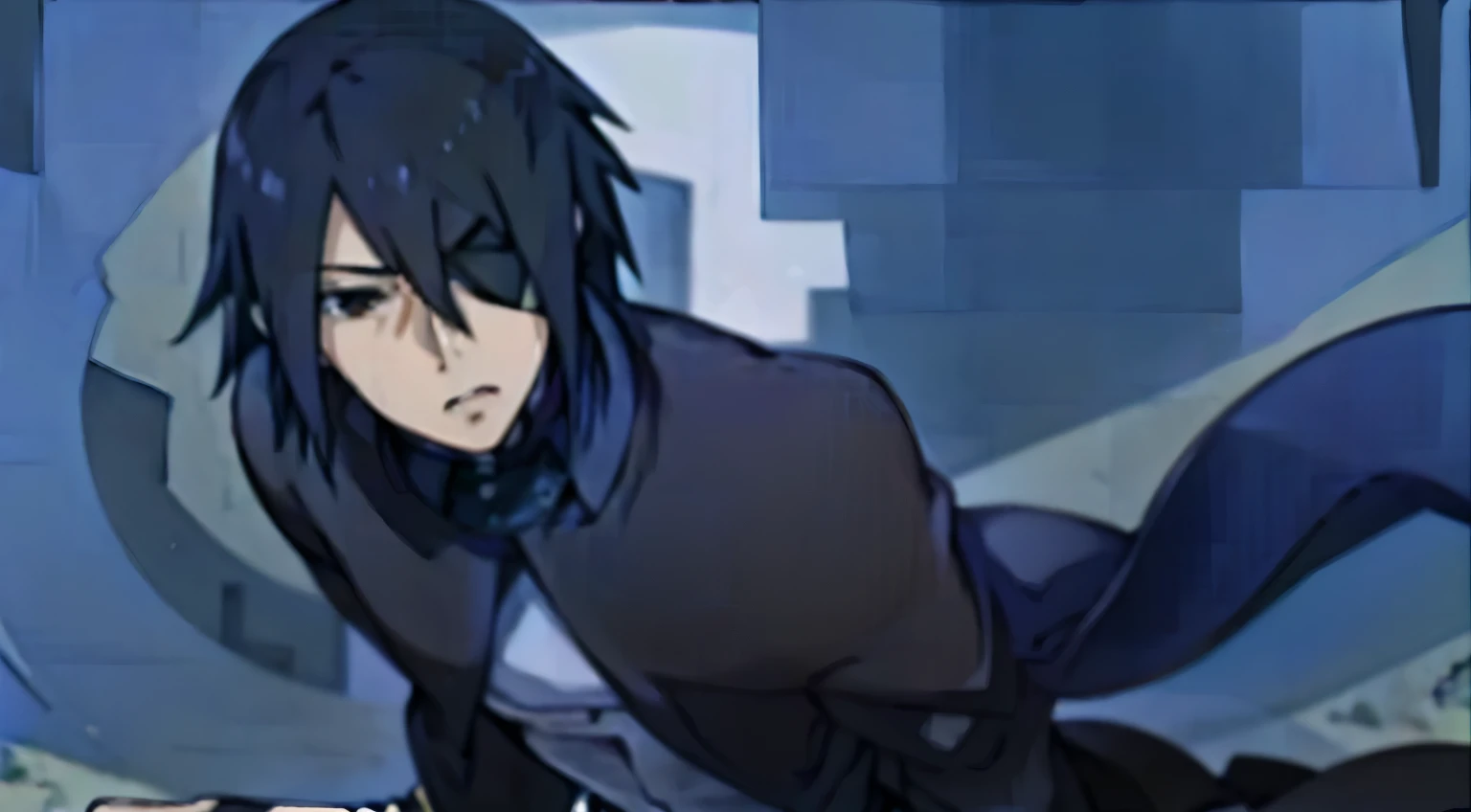 full body, black-haired character standing, he has an eye patch covering his left eye, black clothes, he has a sword, neutral face expression