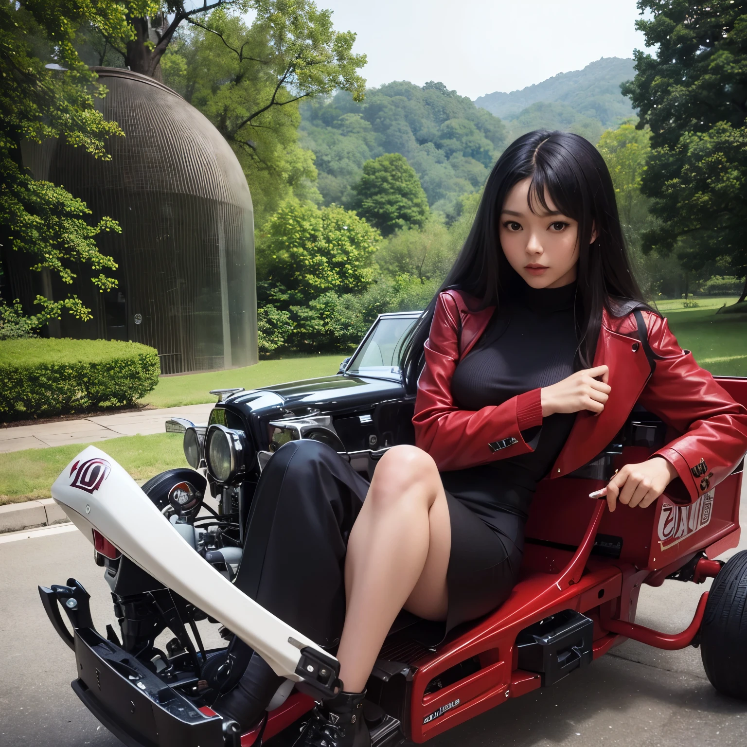 Katsuhiro Otomo, Leonor Fini, Surreal, mysterious, strange, fantastical, fantasy, Sci-fi, Japanese anime, a miniskirt beautiful girl who repairs a go-kart type time machine, perfect voluminous body, driving towards tomorrow, detailed masterpiece mechanical