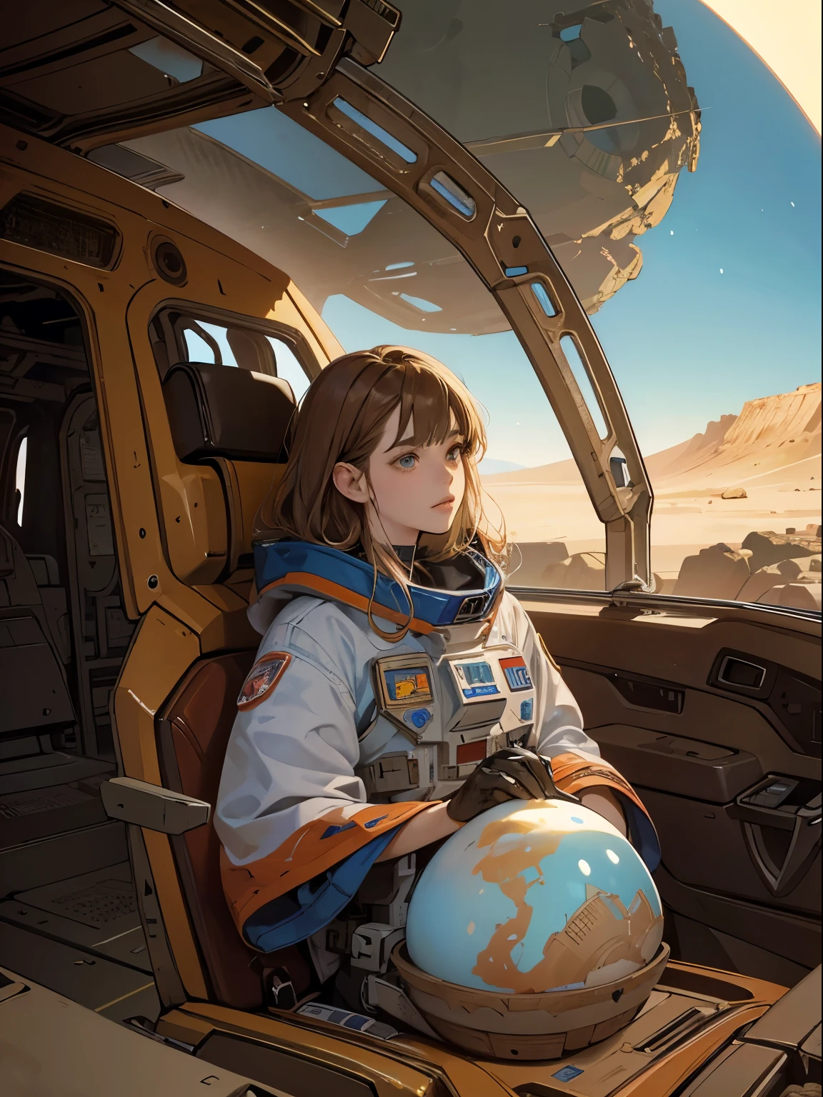 Gary A. Lippincott, Abraham Sharp, Michael Kaluta, Surreal, mysterious, bizarre, fantastical, fantasy, Sci-fi, Japanese anime, giant egg on Mars, expedition, beautiful girl in a space suit, ancient ruins on an alien planet, detailed masterpiece