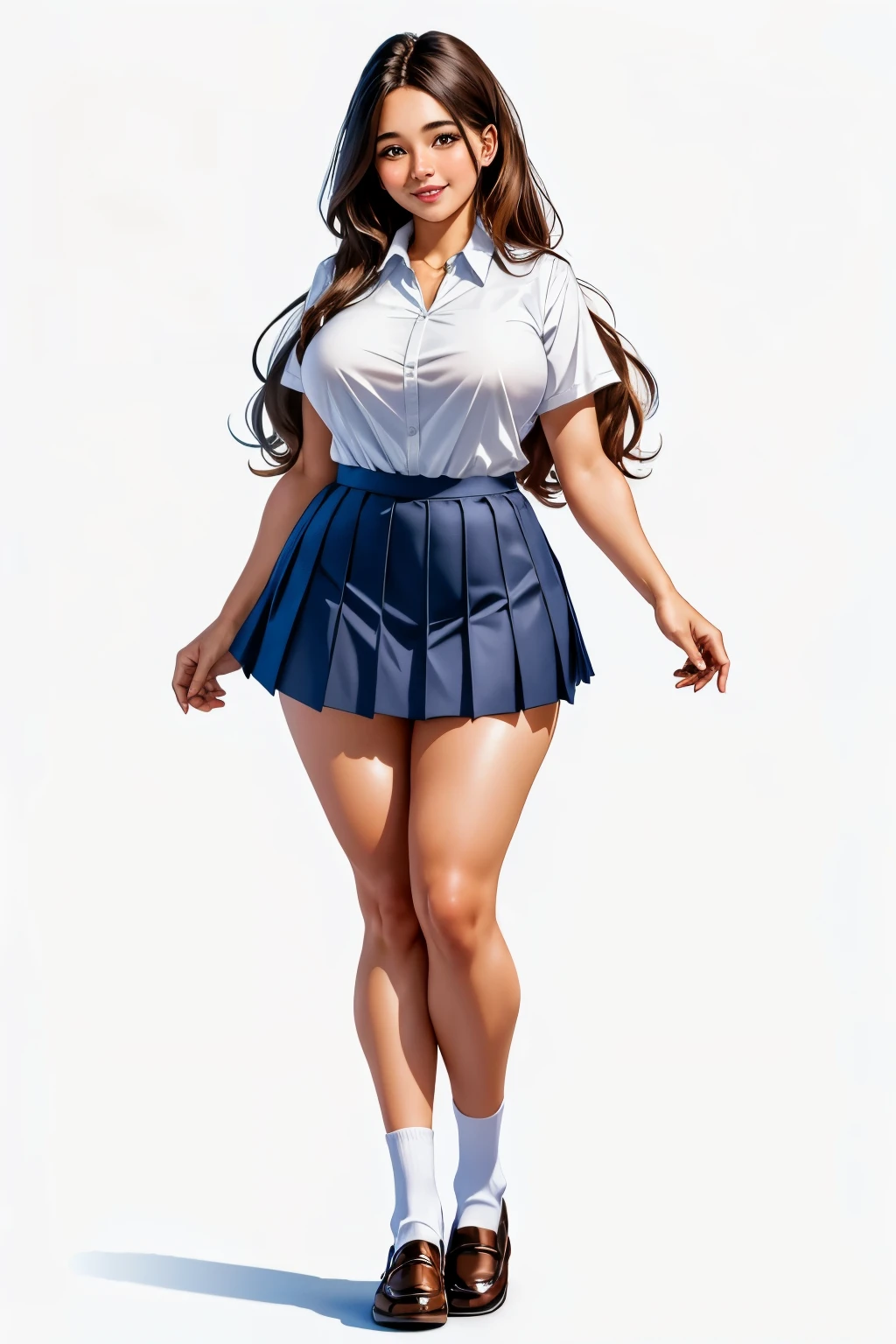 Full body shot of a beautiful, buxom, plump, long haired girl in school uniform standing, pleated skirt, school uniform, shirt, skirt, smile, solo, white shirt