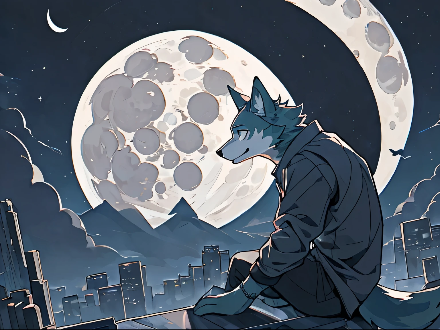 there is a cartoon of a man sitting on a moon, sitting on a moon, under the moon, he is traversing a shadowy city, fursona furry art commission, calm night. digital illustration, fursona commission, an anthro wolf, to the moon, howling at the moon, legoshi from beastars